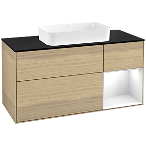 Villeroy et Boch Finion Villeroy et Boch G302GFPC 120cm, plaque de finition noir mat, Emotion, étagère à droite Laque blanc brillant, Oak Veneer