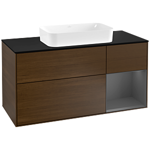 Villeroy und Boch Finion Waschtischunterschrank G302GKGN 120cm, Abdeckplatte black matt, Emotion, Regal rechts Anthracite matt, Walnut veneer