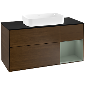 Villeroy und Boch Finion Waschtischunterschrank G302GMGN 120cm, Abdeckplatte black matt, Emotion, Regal rechts Olive Matt Lacquer, Walnut veneer