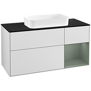 Villeroy und Boch Finion Waschtischunterschrank G302GMMT 120cm, Abdeckplatte black matt, Emotion, Regal rechts Olive Matt Lacquer, White matt lacquer
