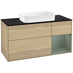 Villeroy und Boch Finion Waschtischunterschrank G302GMPC 120cm, Abdeckplatte black matt, Emotion, Regal rechts Olive Matt Lacquer, Oak Veneer