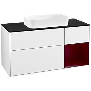 Villeroy und Boch Finion Waschtischunterschrank G302HBGF 120cm, Abdeckplatte black matt, Emotion, Regal rechts Peony, Glossy white lacquer