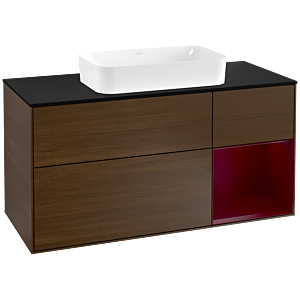 Villeroy und Boch Finion Waschtischunterschrank G302HBGN 120cm, Abdeckplatte black matt, Emotion, Regal rechts Peony, Walnut veneer