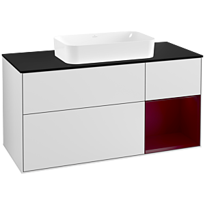 Villeroy und Boch Finion Waschtischunterschrank G302HBMT 120cm, Abdeckplatte black matt, Emotion, Regal rechts Peony, White matt lacquer