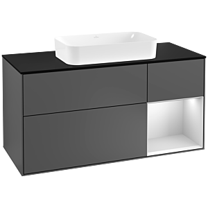 Villeroy und Boch Finion Waschtischunterschrank G302MTGK 120cm, Abdeckplatte black matt, Emotion, Regal rechts White matt lacquer, Anthracite matt