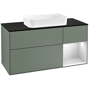 Villeroy und Boch Finion Waschtischunterschrank G302MTGM 120cm, Abdeckplatte black matt, Emotion, Regal rechts White matt lacquer, Olive Matt Lacquer