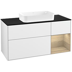 Villeroy und Boch Finion Waschtischunterschrank G302PCGF 120cm, Abdeckplatte black matt, Emotion, Regal rechts Oak Veneer, Glossy white lacquer
