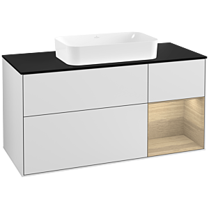 Villeroy und Boch Finion Waschtischunterschrank G302PCMT 120cm, Abdeckplatte black matt, Emotion, Regal rechts Oak Veneer, White matt lacquer