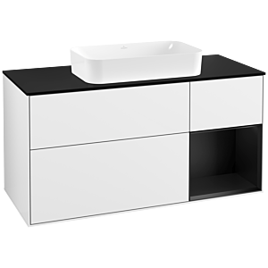 Villeroy und Boch Finion Waschtischunterschrank G302PDGF 120cm, Abdeckplatte black matt, Emotion, Regal rechts Black matt lacquer, Glossy white lacquer