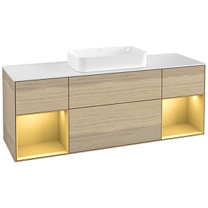 Villeroy und Boch Finion Waschtischunterschrank G331HFPC 160cm, Abdeckplatte white matt, Emotion, Regale Gold matt lacquer, Oak Veneer