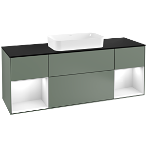 Villeroy und Boch Finion Waschtischunterschrank G332GFGM 160cm, Abdeckplatte black matt, Emotion, Regale Glossy white lacquer, Olive Matt Lacquer