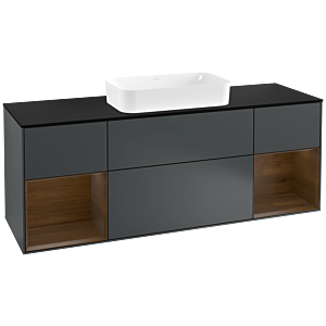 Villeroy und Boch Finion Waschtischunterschrank G332GNHG 160cm, Abdeckplatte black matt, Emotion, Regale Walnut veneer, Midnight Blue Matt Lacquer