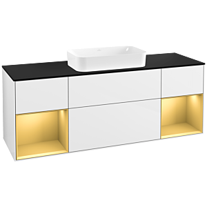 Villeroy et Boch Finion Villeroy et Boch G332HFGF 160cm, plaque de recouvrement noir mat, Emotion, étagères laqué or mat, laqué blanc brillant