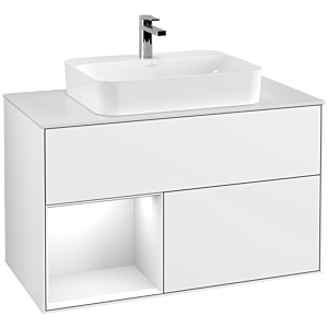 Villeroy und Boch Finion Waschtischunterschrank G361GFGF 100cm, Abdeckplatte white matt, Emotion, Regal links Glossy white lacquer, Glossy white lacquer