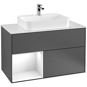 Villeroy et Boch Finion Villeroy et Boch G361GFGK 100cm, plaque de recouvrement blanc mat, émotion, étagère gauche laqué blanc brillant, anthracite mat