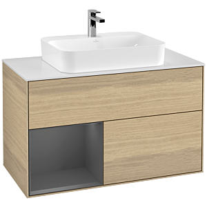 Villeroy und Boch Finion Waschtischunterschrank G361GKPC 100cm, Abdeckplatte white matt, Emotion, Regal links Anthracite matt, Oak Veneer