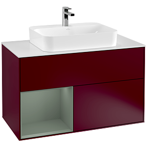 Villeroy und Boch Finion Waschtischunterschrank G361GMHB 100cm, Abdeckplatte white matt, Emotion, Regal links Olive Matt Lacquer, Peony Matt