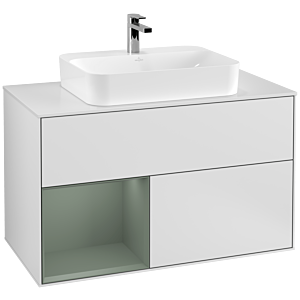 Villeroy und Boch Finion Waschtischunterschrank G361GMMT 100cm, Abdeckplatte white matt, Emotion, Regal links Olive Matt Lacquer, White matt lacquer