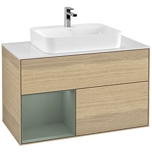 Villeroy and Boch Finion Villeroy and Boch Finion G361GMPC 100cm, cover plate matt white, emotion, shelf on the left Olive Matt Lacquer , Oak Veneer