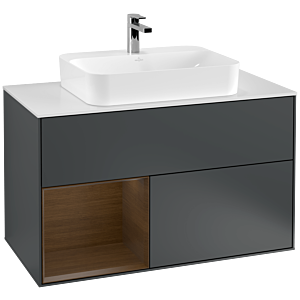 Villeroy et Boch Finion Villeroy et Boch G361GNHG 100cm, plaque de finition blanc mat, Emotion, étagère gauche placage noyer, Midnight Blue Matt Lacquer