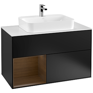 Villeroy et Boch Finion Villeroy et Boch G361GNPD 100cm, plaque de recouvrement blanc mat, Emotion, étagère gauche placage noyer, laqué noir mat