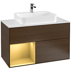 Villeroy und Boch Finion Waschtischunterschrank G361HFGN 100cm, Abdeckplatte white matt, Emotion, Regal links Gold matt, Walnut veneer