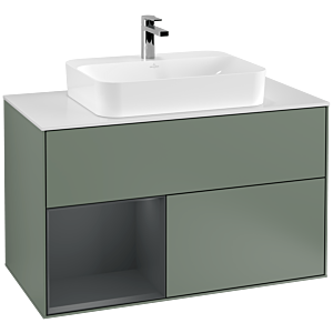 Villeroy und Boch Finion Waschtischunterschrank G361HGGM 100cm, Abdeckplatte white matt, Emotion, Regal links Midnight Blue Matt Lacquer, Olive Matt Lacquer