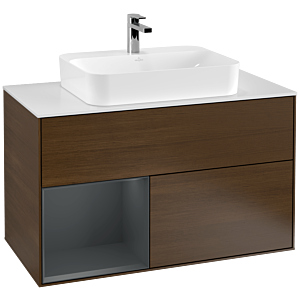 Villeroy und Boch Finion Waschtischunterschrank G361HGGN 100cm, Abdeckplatte white matt, Emotion, Regal links Midnight Blue Matt Lacquer, Walnut veneer