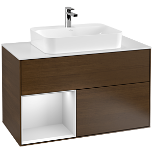 Villeroy und Boch Finion Waschtischunterschrank G361MTGN 100cm, Abdeckplatte white matt, Emotion, Regal links White matt lacquer, Walnut veneer
