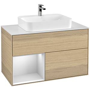 Villeroy et Boch Finion Villeroy et Boch G361MTPC 100cm, plaque de recouvrement blanc mat, Emotion, étagère gauche laqué blanc mat, Oak Veneer