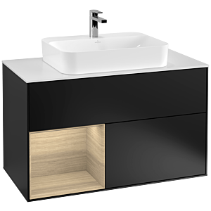 Villeroy und Boch Finion Waschtischunterschrank G361PCPD 100cm, Abdeckplatte white matt, Emotion, Regal links Oak Veneer, Black matt lacquer