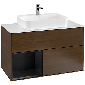 Villeroy und Boch Finion Waschtischunterschrank G361PDGN 100cm, Abdeckplatte white matt, Emotion, Regal links Black matt lacquer, Walnut veneer