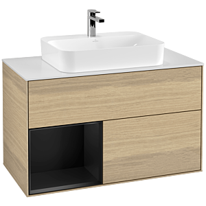 Villeroy und Boch Finion Waschtischunterschrank G361PDPC 100cm, Abdeckplatte white matt, Emotion, Regal links Black matt lacquer, Oak Veneer