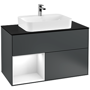 Villeroy und Boch Finion Waschtischunterschrank G362GFHG 100cm, Abdeckplatte black matt, Emotion, Regal links Glossy white lacquer, Midnight Blue Matt Lacquer