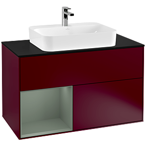 Villeroy und Boch Finion Waschtischunterschrank G362GMHB 100cm, Abdeckplatte black matt, Emotion, Regal links Olive Matt Lacquer, Peony Matt