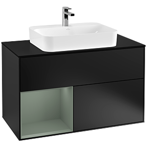 Villeroy und Boch Finion Waschtischunterschrank G362GMPD 100cm, Abdeckplatte black matt, Emotion, Regal links Olive Matt Lacquer, Black matt lacquer