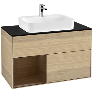 Villeroy und Boch Finion Waschtischunterschrank G362GNPC 100cm, Abdeckplatte black matt, Emotion, Regal links Walnut veneer, Oak Veneer