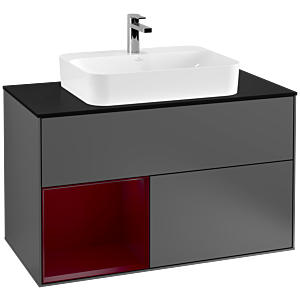 Villeroy und Boch Finion Waschtischunterschrank G362HBGK 100cm, Abdeckplatte black matt, Emotion, Regal links Peony, Anthracite matt