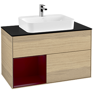 Villeroy und Boch Finion Waschtischunterschrank G362HBPC 100cm, Abdeckplatte black matt, Emotion, Regal links Peony, Oak Veneer