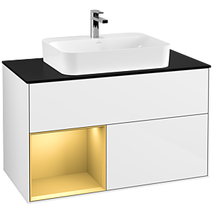 Villeroy und Boch Finion Waschtischunterschrank G362HFGF 100cm, Abdeckplatte black matt, Emotion, Regal links Gold matt, Glossy white lacquer