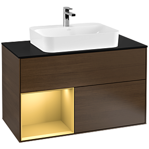 Villeroy und Boch Finion Waschtischunterschrank G362HFGN 100cm, Abdeckplatte black matt, Emotion, Regal links Gold matt, Walnut veneer