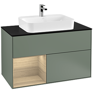 Villeroy und Boch Finion Waschtischunterschrank G362PCGM 100cm, Abdeckplatte black matt, Emotion, Regal links Oak Veneer, Olive Matt Lacquer