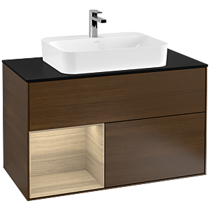 Villeroy und Boch Finion Waschtischunterschrank G362PCGN 100cm, Abdeckplatte black matt, Emotion, Regal links Oak Veneer, Walnut veneer