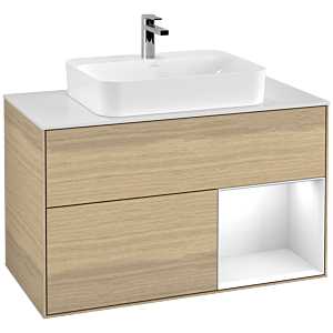 Villeroy und Boch Finion Waschtischunterschrank G371GFPC 100cm, Abdeckplatte white matt, Emotion, Regal rechts Glossy white lacquer, Oak Veneer