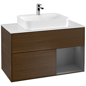 Villeroy und Boch Finion Waschtischunterschrank G371GKGN 100cm, Abdeckplatte white matt, Emotion, Regal rechts Anthracite matt, Walnut veneer