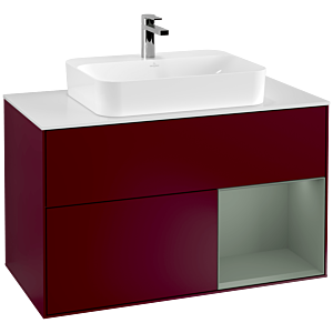 Villeroy und Boch Finion Waschtischunterschrank G371GMHB 100cm, Abdeckplatte white matt, Emotion, Regal rechts Olive Matt Lacquer, Peony Matt