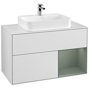 Villeroy und Boch Finion Waschtischunterschrank G371GMMT 100cm, Abdeckplatte white matt, Emotion, Regal rechts Olive Matt Lacquer, White matt lacquer