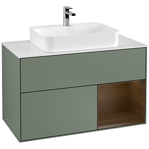 Villeroy et Boch Finion Villeroy et Boch G371GNGM 100cm, plaque de finition blanc mat, emotion, étagère à droite placage Olive Matt Lacquer , Olive Matt Lacquer