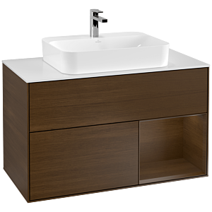 Villeroy und Boch Finion Waschtischunterschrank G371GNGN 100cm, Abdeckplatte white matt, Emotion, Regal rechts Walnut veneer, Walnut veneer