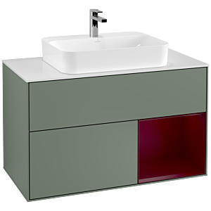 Villeroy und Boch Finion Waschtischunterschrank G371HBGM 100cm, Abdeckplatte white matt, Emotion, Regal rechts Peony, Olive Matt Lacquer